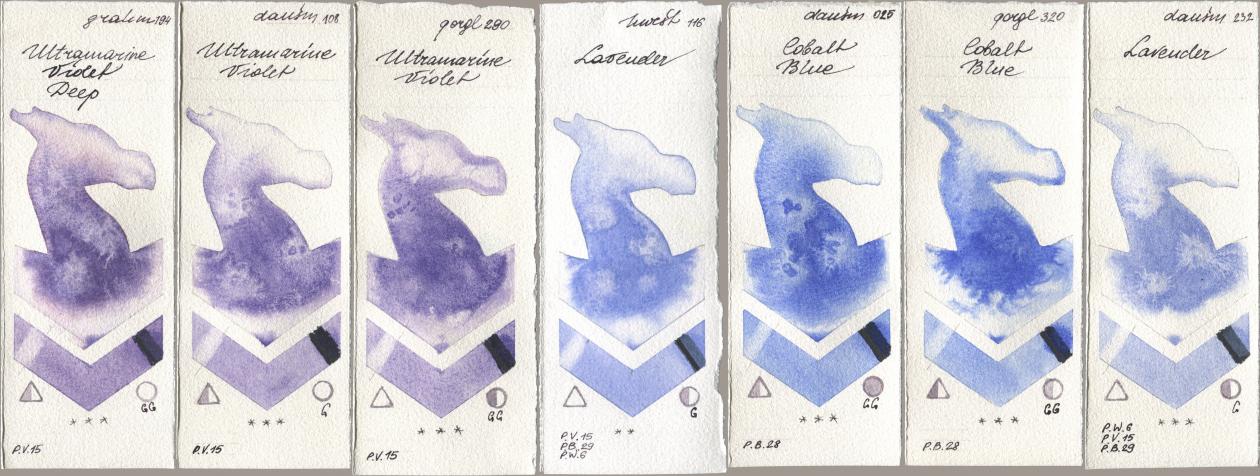 M. Graham & Co. Artists 194 Ultramarine Violet Deep, Daniel Smith 108 Ultramarine Violet, Golden QOR 290 Ultramarine Violet, Holbein Artists Watercolor 116 Lavender, 025 Cobalt Blue, 320 Cobalt Blue, 232 Lavend watercolor swatch