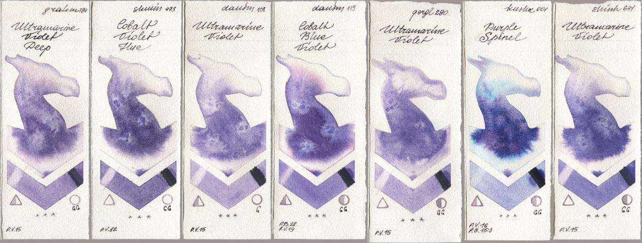 M. Graham & Co. Artists 194 Ultramarine Violet Deep, Shminke Horadam Aquarell 473 Cobalt Violet Hue, Daniel Smith 108 Ultramarine Violet, 115 Cobalt Blue Violet, Golden QOR 290 Ultramarine Violet, Kusakabe 001 Purple Spinel, Shinhan PWC 641 Ultramarine Viol watercolor swatch