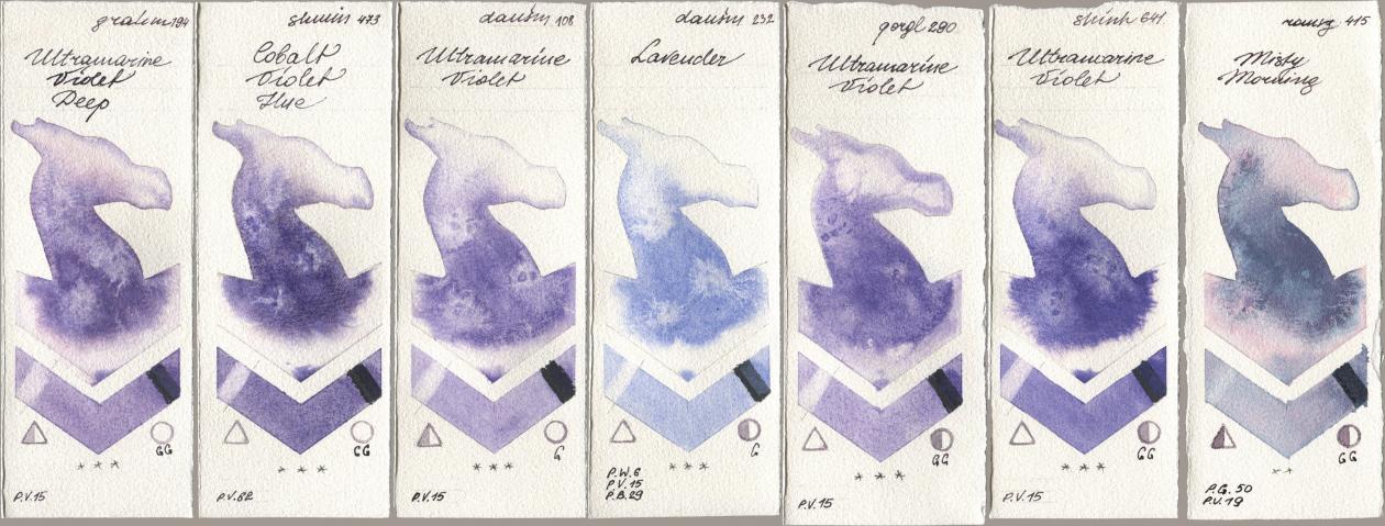 M. Graham & Co. Artists 194 Ultramarine Violet Deep, Shminke Horadam Aquarell 473 Cobalt Violet Hue, Daniel Smith 108 Ultramarine Violet, 232 Lavender, Golden QOR 290 Ultramarine Violet, Shinhan PWC 641 Ultramarine Violet, Roman Szmal Aquarius 415 Misty Morni watercolor swatch