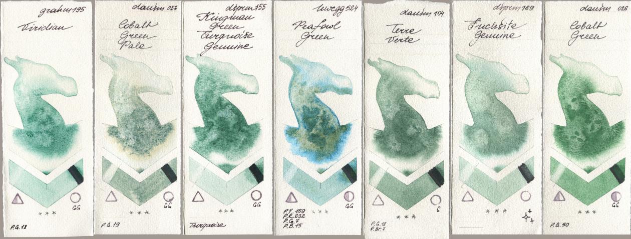 M. Graham & Co. Artists 195 Viridian, Daniel Smith 027 Cobalt Green Pale, 155 Kingman Green Turquoise Genuine, Holbein Artists Watercolor 524 Peafowl Green, 104 Terre Verte, 169 Fuchsite Genuine, 026 Cobalt Gre watercolor swatch