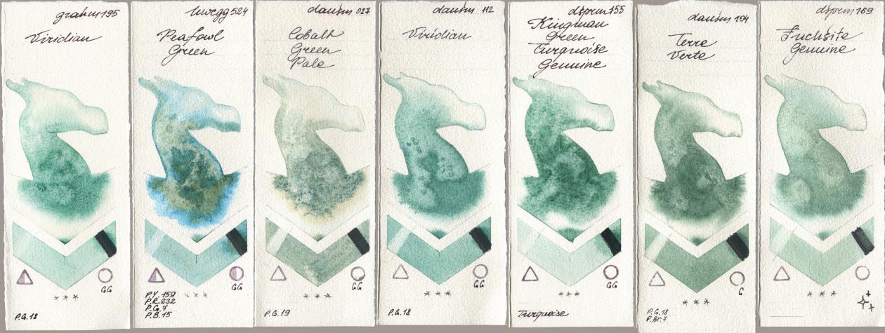 M. Graham & Co. Artists 195 Viridian, Holbein Artists Watercolor 524 Peafowl Green, Daniel Smith 027 Cobalt Green Pale, 112 Viridian, 155 Kingman Green Turquoise Genuine, 104 Terre Verte, 169 Fuchsite Genui watercolor swatch