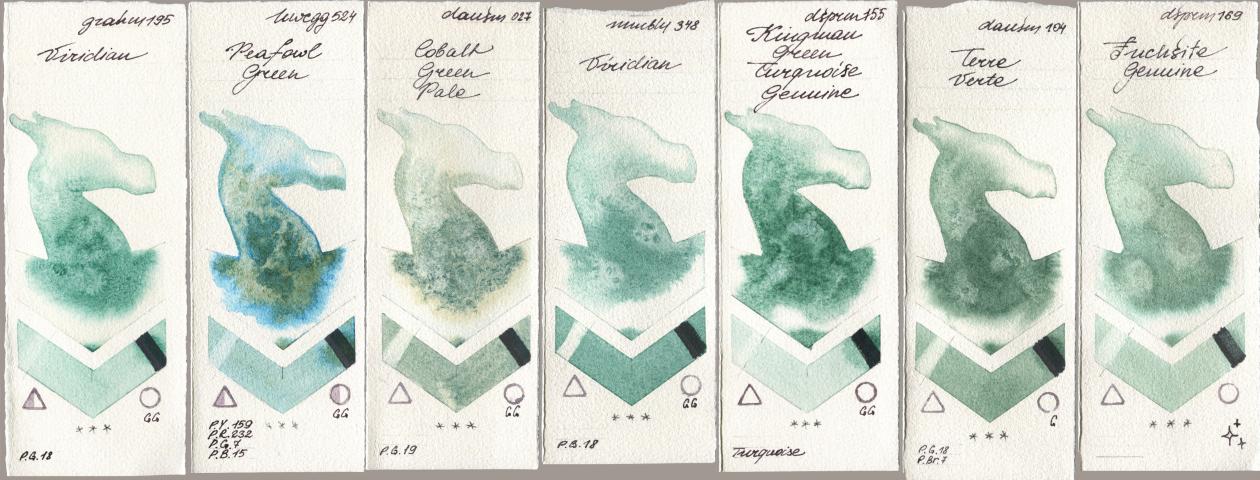 M. Graham & Co. Artists 195 Viridian, Holbein Artists Watercolor 524 Peafowl Green, Daniel Smith 027 Cobalt Green Pale, Maimeri Blu 348 Viridian, 155 Kingman Green Turquoise Genuine, 104 Terre Verte, 169 Fuchsite Genui watercolor swatch