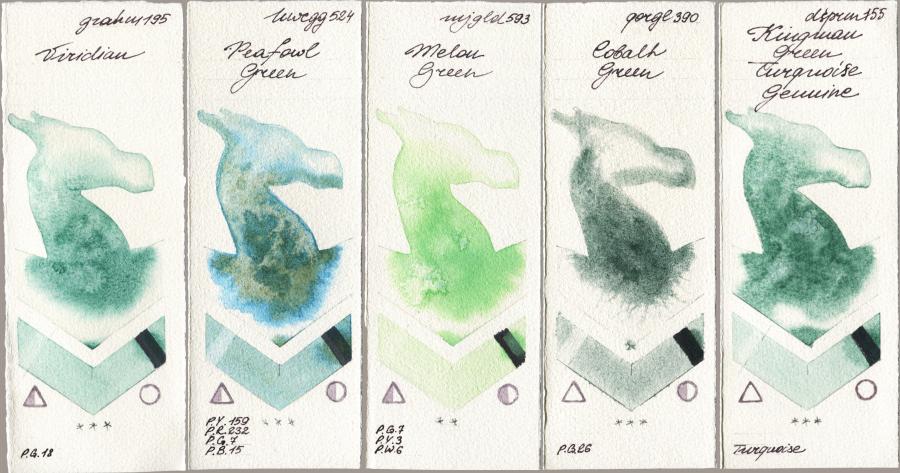 M. Graham & Co. Artists 195 Viridian vs Holbein Artists Watercolor 524 Peafowl Green vs Mijello Mission Gold 593 Melon Green vs Golden QOR 390 Cobalt Green vs Daniel Smith 155 Kingman Green Turquoise Genuine watercolor swatch