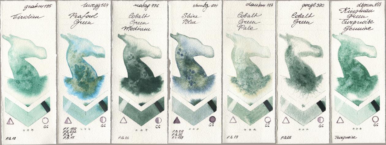 M. Graham & Co. Artists 195 Viridian, Holbein Artists Watercolor 524 Peafowl Green, Rosa Gallery 776 Cobalt Green Medium, Shminke Horadam Aquarell 934 Shire Blue, Daniel Smith 027 Cobalt Green Pale, Golden QOR 390 Cobalt Green, 155 Kingman Green Turquoise Genui watercolor swatch