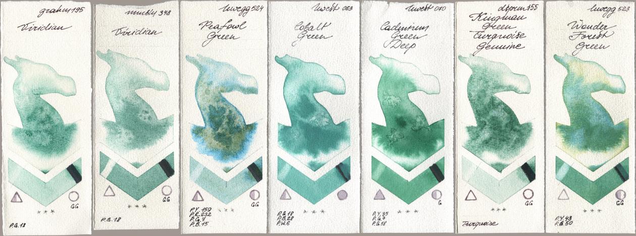 M. Graham & Co. Artists 195 Viridian, Maimeri Blu 348 Viridian, Holbein Artists Watercolor 524 Peafowl Green, 063 Cobalt Green, 070 Cadmium Green Deep, Daniel Smith 155 Kingman Green Turquoise Genuine, 523 Wonder Forest Gre watercolor swatch