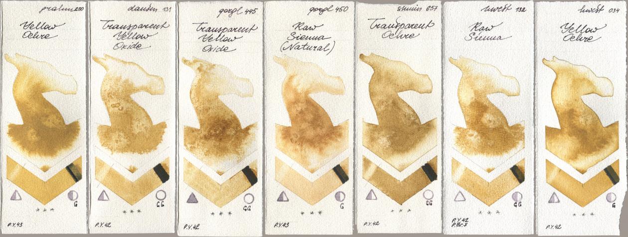 M. Graham & Co. Artists 200 Yellow Ochre, Daniel Smith 131 Transparent Yellow Oxide, Golden QOR 445 Transparent Yellow Oxide, 450 Raw Sienna (Natural), Shminke Horadam Aquarell 657 Transparent Ochre, Holbein Artists Watercolor 132 Raw Sienna, 034 Yellow Och watercolor swatch