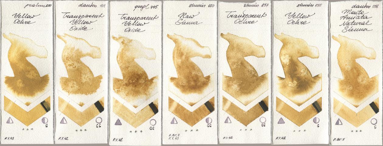 M. Graham & Co. Artists 200 Yellow Ochre, Daniel Smith 131 Transparent Yellow Oxide, Golden QOR 445 Transparent Yellow Oxide, Shminke Horadam Aquarell 660 Raw Sienna, 657 Transparent Ochre, 655 Yellow Ochre, 056 Monte Amiata Natural Sien watercolor swatch