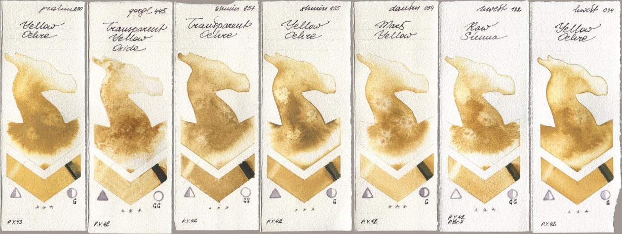 M. Graham & Co. Artists 200 Yellow Ochre, Golden QOR 445 Transparent Yellow Oxide, Shminke Horadam Aquarell 657 Transparent Ochre, 655 Yellow Ochre, Daniel Smith 054 Mars Yellow, Holbein Artists Watercolor 132 Raw Sienna, 034 Yellow Och watercolor swatch
