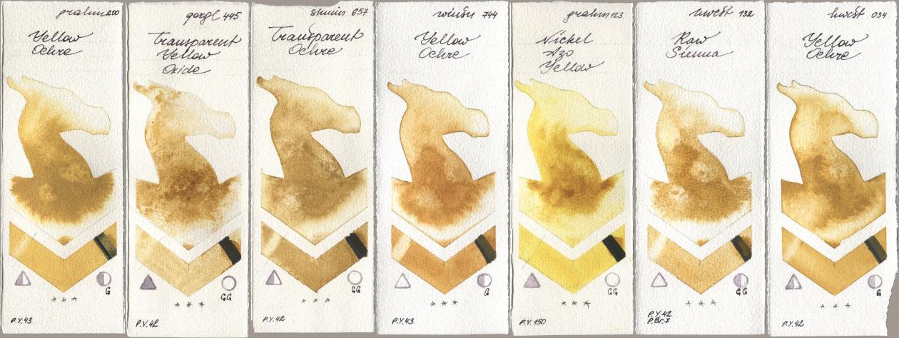 M. Graham & Co. Artists 200 Yellow Ochre, Golden QOR 445 Transparent Yellow Oxide, Shminke Horadam Aquarell 657 Transparent Ochre, Winsor & Newton Professional 744 Yellow Ochre, 123 Nickel Azo Yellow, Holbein Artists Watercolor 132 Raw Sienna, 034 Yellow Och watercolor swatch