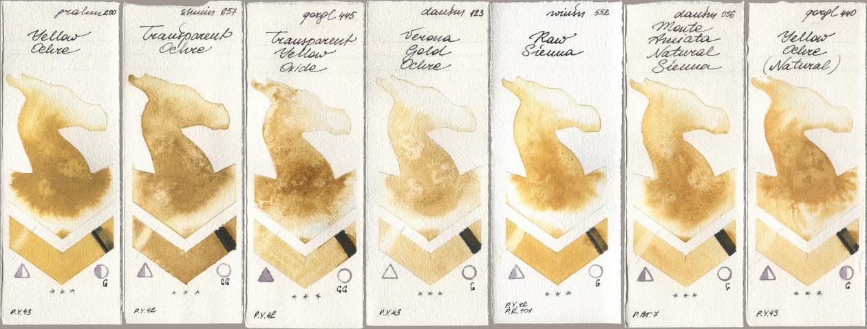 M. Graham & Co. Artists 200 Yellow Ochre, Shminke Horadam Aquarell 657 Transparent Ochre, Golden QOR 445 Transparent Yellow Oxide, Daniel Smith 123 Verona Gold Ochre, Winsor & Newton Professional 552 Raw Sienna, 056 Monte Amiata Natural Sienna, 440 Yellow Ochre (Natura watercolor swatch