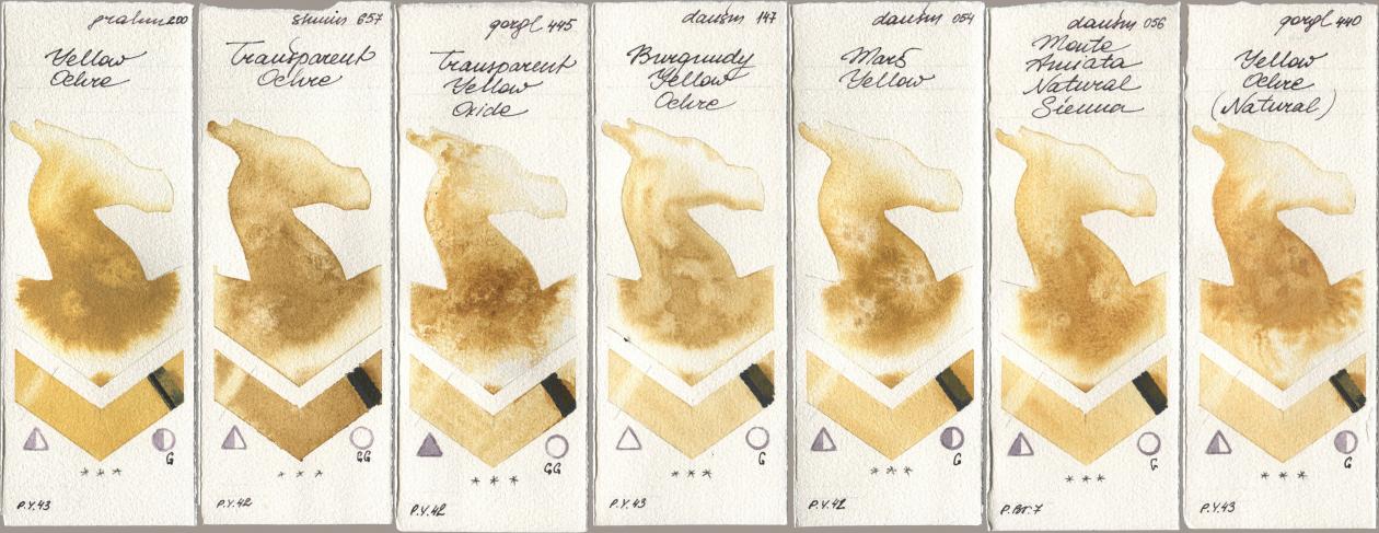 M. Graham & Co. Artists 200 Yellow Ochre, Shminke Horadam Aquarell 657 Transparent Ochre, Golden QOR 445 Transparent Yellow Oxide, Daniel Smith 147 Burgundy Yellow Ochre, 054 Mars Yellow, 056 Monte Amiata Natural Sienna, 440 Yellow Ochre (Natura watercolor swatch