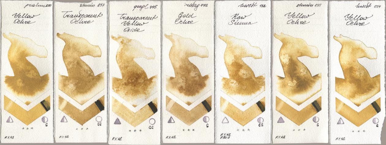 M. Graham & Co. Artists 200 Yellow Ochre, Shminke Horadam Aquarell 657 Transparent Ochre, Golden QOR 445 Transparent Yellow Oxide, Rosa Gallery 772 Gold Ochre, Holbein Artists Watercolor 132 Raw Sienna, 655 Yellow Ochre, 034 Yellow Och watercolor swatch