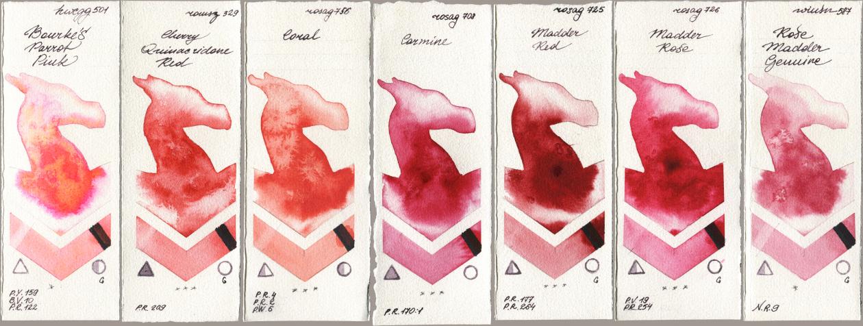 Holbein Artists Watercolor 501 Bourkes Parrot Pink, Roman Szmal Aquarius 329 Cherry Quinacridone Red, Rosa Gallery 756 Coral, 708 Carmine, 725 Madder Red, 726 Madder Rose, Winsor & Newton Professional 587 Rose Madder Genui watercolor swatch