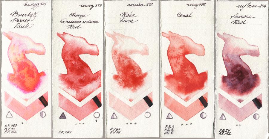 Holbein Artists Watercolor 501 Bourkes Parrot Pink vs Roman Szmal Aquarius 329 Cherry Quinacridone Red vs Winsor & Newton Professional 576 Rose Dore vs Rosa Gallery 756 Coral vs Mijello Mission Gold 806 Aurora Red watercolor swatch