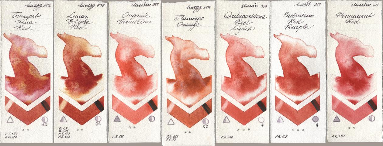 Holbein Artists Watercolor 502 Trumpet Vine Red, 505 Lunar Eclipse Red, Daniel Smith 064 Organic Vermilion, 504 Flamingo Orange, Shminke Horadam Aquarell 343 Quinacridone Red Light, 017 Cadmium Red Purple, 072 Permanent R watercolor swatch