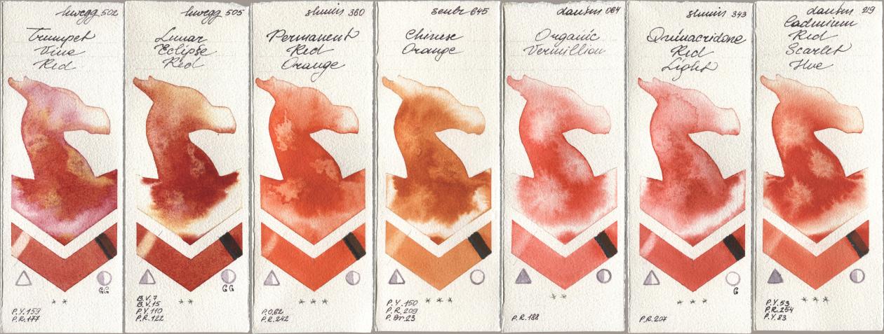 Holbein Artists Watercolor 502 Trumpet Vine Red, 505 Lunar Eclipse Red, Shminke Horadam Aquarell 360 Permanent Red Orange, Sennelier l Aquarelle 645 Chinese Orange, Daniel Smith 064 Organic Vermilion, 343 Quinacridone Red Light, 219 Cadmium Red Scarlet H watercolor swatch