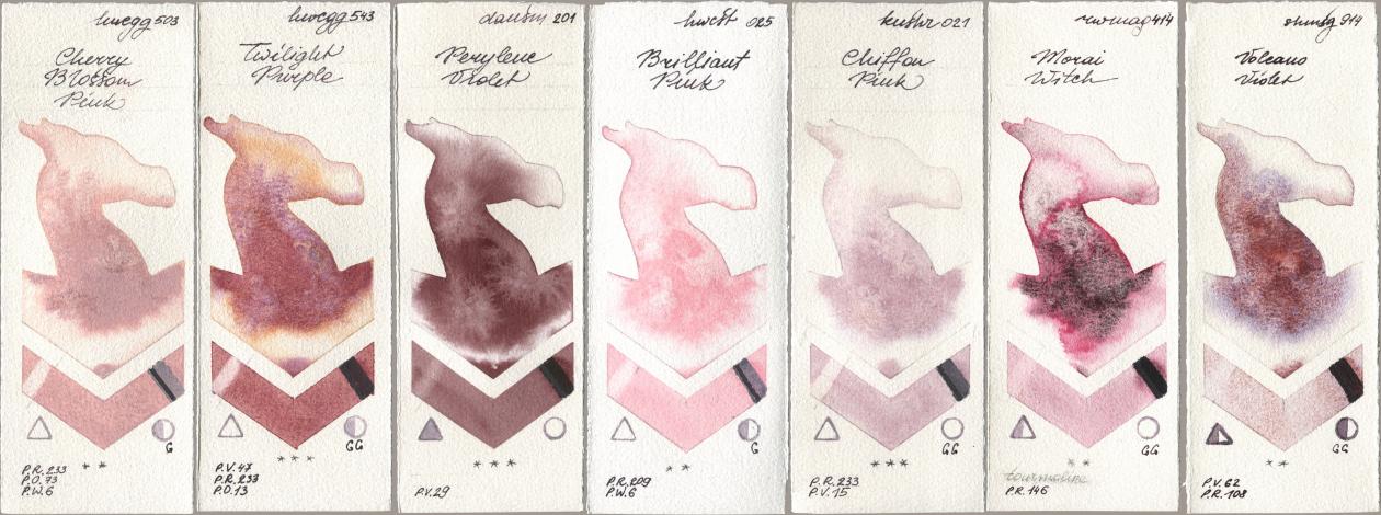 Holbein Artists Watercolor 503 Cherry Blossom Pink, 543 Twilight Purple, Daniel Smith 201 Perylene Violet, 025 Brilliant Pink, Kusakabe 021 Chiffon Pink, Rockwell 414 Morai Witch, Shminke Horadam Aquarell 914 Volcano Viol watercolor swatch