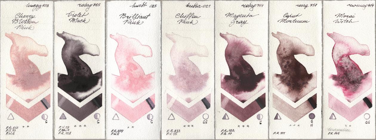 Holbein Artists Watercolor 503 Cherry Blossom Pink, Rosa Gallery 765 Violet Black, 025 Brilliant Pink, Kusakabe 021 Chiffon Pink, 764 Magenta Gray, 758 Caput Mortuum, Rockwell 414 Morai Wit watercolor swatch