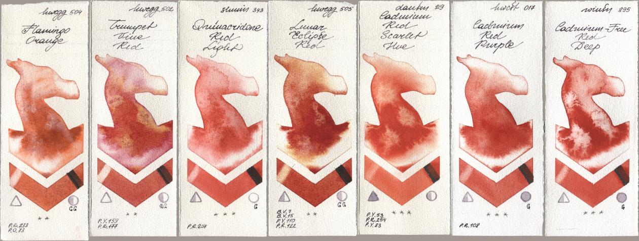 Holbein Artists Watercolor 504 Flamingo Orange, 502 Trumpet Vine Red, Shminke Horadam Aquarell 343 Quinacridone Red Light, 505 Lunar Eclipse Red, Daniel Smith 219 Cadmium Red Scarlet Hue, 017 Cadmium Red Purple, Winsor & Newton Professional 895 Cadmium-Free Red De watercolor swatch