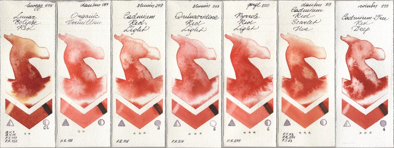 Holbein Artists Watercolor 505 Lunar Eclipse Red, Daniel Smith 064 Organic Vermilion, Shminke Horadam Aquarell 349 Cadmium Red Light, 343 Quinacridone Red Light, Golden QOR 200 Pyrrole Red Light, 219 Cadmium Red Scarlet Hue, Winsor & Newton Professional 895 Cadmium-Free Red De watercolor swatch