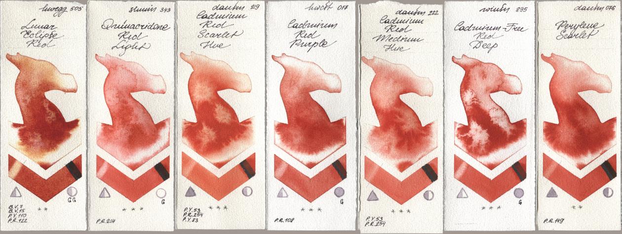 Holbein Artists Watercolor 505 Lunar Eclipse Red, Shminke Horadam Aquarell 343 Quinacridone Red Light, Daniel Smith 219 Cadmium Red Scarlet Hue, 017 Cadmium Red Purple, 222 Cadmium Red Medium Hue, Winsor & Newton Professional 895 Cadmium-Free Red Deep, 076 Perylene Scarl watercolor swatch