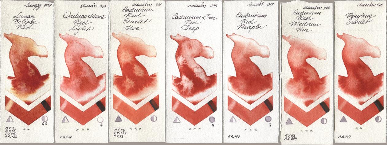 Holbein Artists Watercolor 505 Lunar Eclipse Red, Shminke Horadam Aquarell 343 Quinacridone Red Light, Daniel Smith 219 Cadmium Red Scarlet Hue, Winsor & Newton Professional 895 Cadmium-Free Red Deep, 017 Cadmium Red Purple, 222 Cadmium Red Medium Hue, 076 Perylene Scarl watercolor swatch