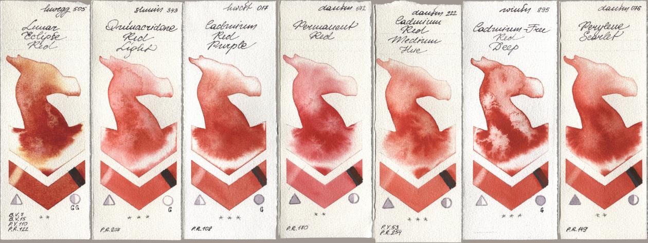 Holbein Artists Watercolor 505 Lunar Eclipse Red, Shminke Horadam Aquarell 343 Quinacridone Red Light, 017 Cadmium Red Purple, Daniel Smith 072 Permanent Red, 222 Cadmium Red Medium Hue, Winsor & Newton Professional 895 Cadmium-Free Red Deep, 076 Perylene Scarl watercolor swatch