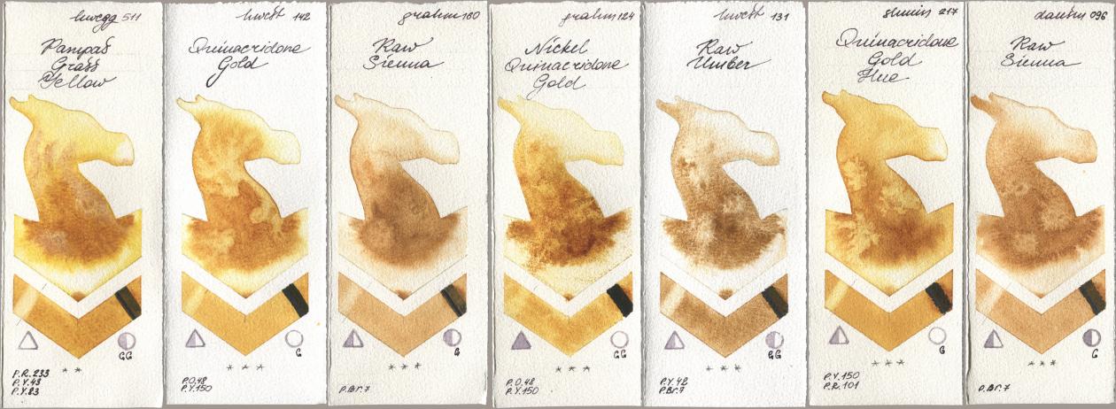 Holbein Artists Watercolor 511 Pampas Grass Yellow, 142 Quinacridone Gold, M. Graham & Co. Artists 160 Raw Sienna, 124 Nickel Quinacridone Gold, 131 Raw Umber, Shminke Horadam Aquarell 217 Quinacridone Gold Hue, Daniel Smith 096 Raw Sien watercolor swatch