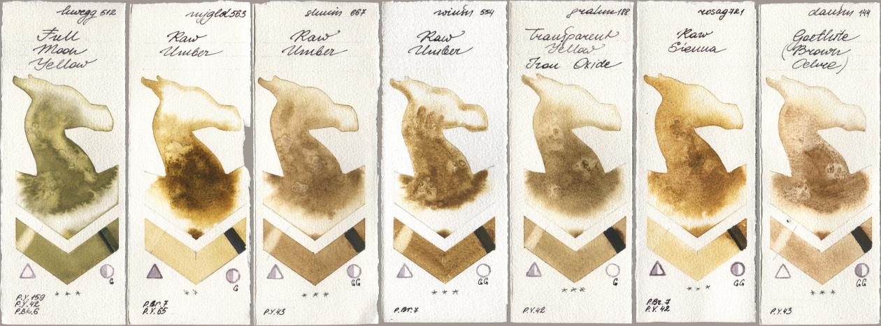 Holbein Artists Watercolor 512 Full Moon Yellow, Mijello Mission Gold 563 Raw Umber, Shminke Horadam Aquarell 667 Raw Umber, Winsor & Newton Professional 554 Raw Umber, M. Graham & Co. Artists 188 Transparent Yellow Iron Oxide, Rosa Gallery 721 Raw Sienna, Daniel Smith 144 Goethite (Brown Ochr watercolor swatch