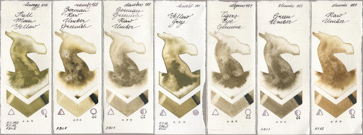 Holbein Artists Watercolor 512 Full Moon Yellow, Roman Szmal Aquarius 125 German Raw Umber Greenish, Daniel Smith 121 German Greenish Raw Umber, 151 Yellow Grey, 161 Tigers Eye Genuine, Shminke Horadam Aquarell 665 Green Umber, 667 Raw Umb watercolor swatch