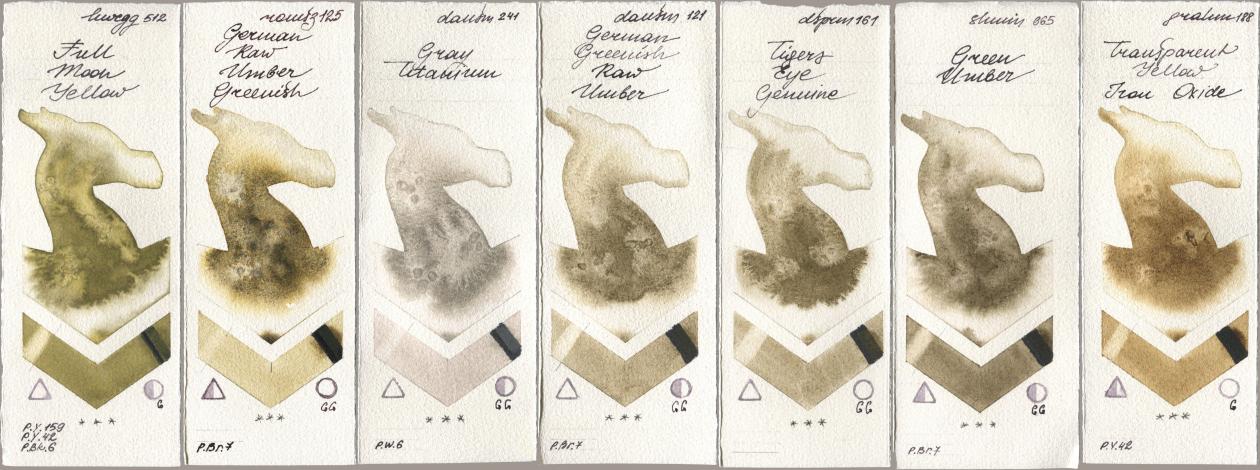 Holbein Artists Watercolor 512 Full Moon Yellow, Roman Szmal Aquarius 125 German Raw Umber Greenish, Daniel Smith 241 Gray Titanium, 121 German Greenish Raw Umber, 161 Tigers Eye Genuine, Shminke Horadam Aquarell 665 Green Umber, M. Graham & Co. Artists 188 Transparent Yellow Iron Oxi watercolor swatch