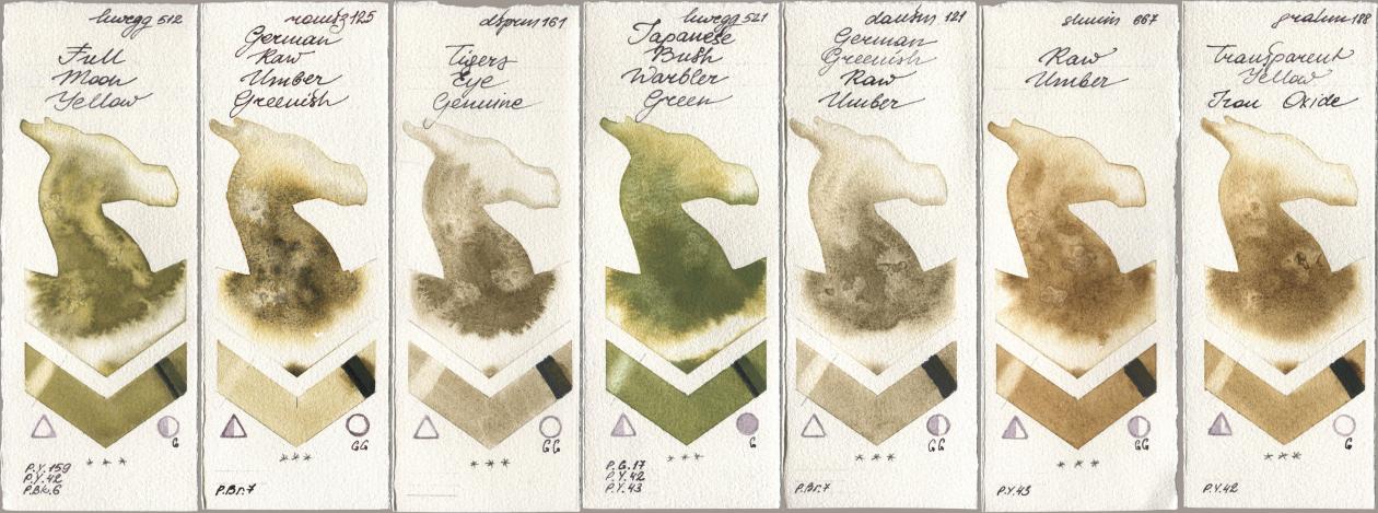 Holbein Artists Watercolor 512 Full Moon Yellow, Roman Szmal Aquarius 125 German Raw Umber Greenish, Daniel Smith 161 Tigers Eye Genuine, 521 Japanese Bush Warbler Green, 121 German Greenish Raw Umber, Shminke Horadam Aquarell 667 Raw Umber, M. Graham & Co. Artists 188 Transparent Yellow Iron Oxi watercolor swatch