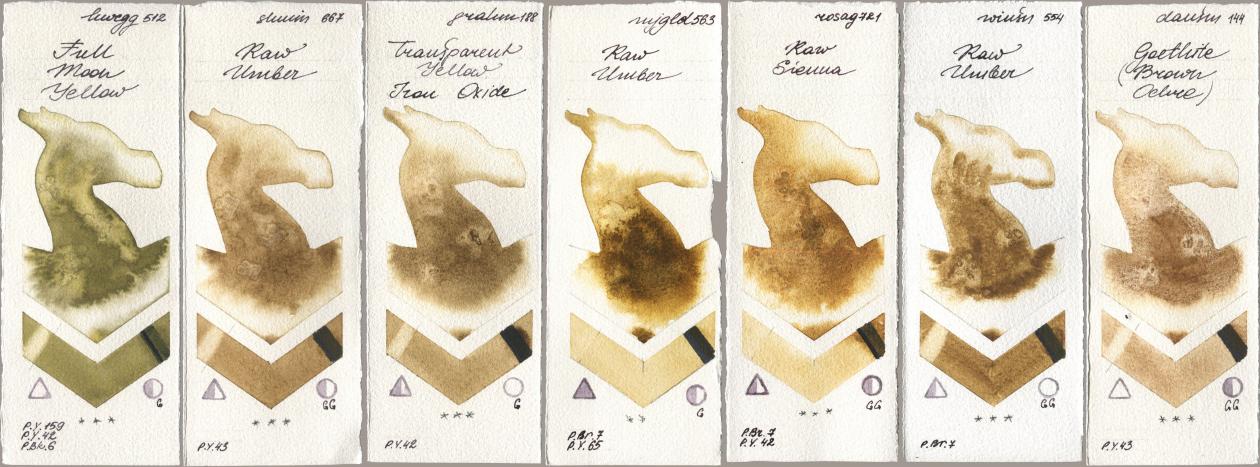 Holbein Artists Watercolor 512 Full Moon Yellow, Shminke Horadam Aquarell 667 Raw Umber, M. Graham & Co. Artists 188 Transparent Yellow Iron Oxide, Mijello Mission Gold 563 Raw Umber, Rosa Gallery 721 Raw Sienna, Winsor & Newton Professional 554 Raw Umber, Daniel Smith 144 Goethite (Brown Ochr watercolor swatch