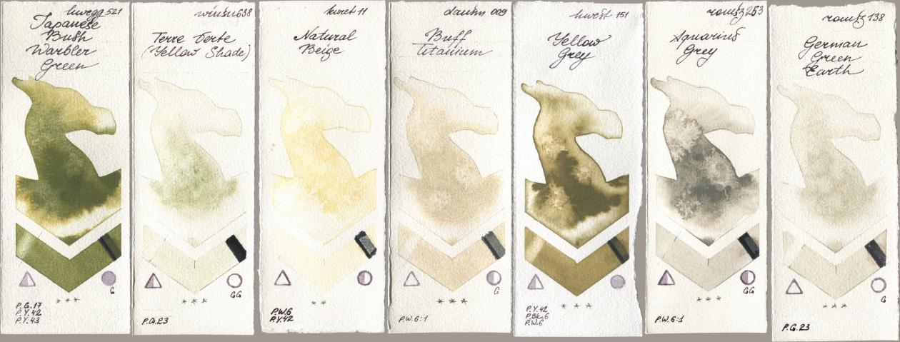 Holbein Artists Watercolor 521 Japanese Bush Warbler Green, Winsor & Newton Professional 638 Terre Verte (Yellow Shade), Kuretake Gansai Tambi 011 Natural Beige, Daniel Smith 009 Buff Titanium, 151 Yellow Grey, Roman Szmal Aquarius 253 Aquarius Grey, 138 German Green Ear watercolor swatch