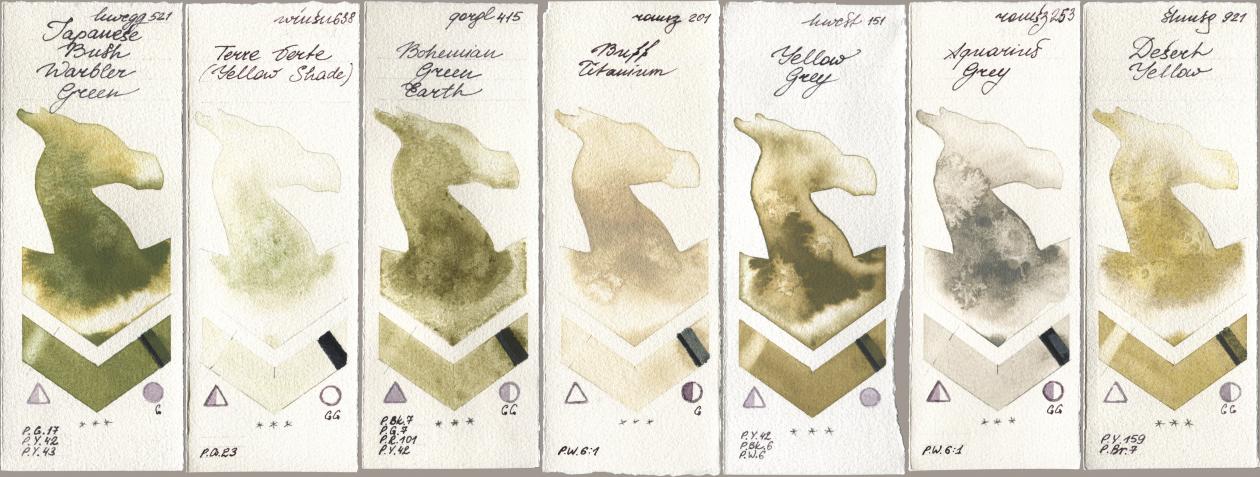 Holbein Artists Watercolor 521 Japanese Bush Warbler Green, Winsor & Newton Professional 638 Terre Verte (Yellow Shade), Golden QOR 415 Bohemian Green Earth, Roman Szmal Aquarius 201 Buff Titanium, 151 Yellow Grey, 253 Aquarius Grey, Shminke Horadam Aquarell 921 Desert Yell watercolor swatch