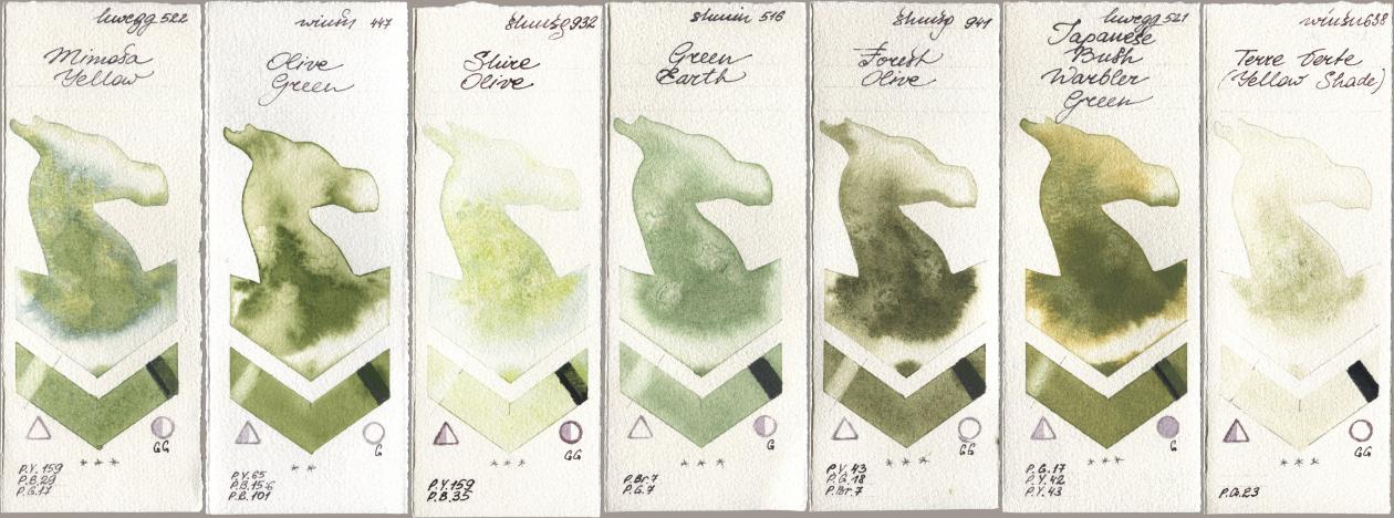 Holbein Artists Watercolor 522 Mimosa Yellow, Winsor & Newton Professional 447 Olive Green, Shminke Horadam Aquarell 932 Shire Olive, 516 Green Earth, 941 Forest Olive, 521 Japanese Bush Warbler Green, 638 Terre Verte (Yellow Shad watercolor swatch