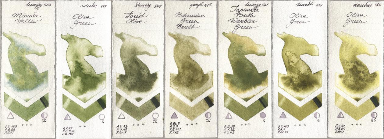 Holbein Artists Watercolor 522 Mimosa Yellow, Winsor & Newton Professional 447 Olive Green, Shminke Horadam Aquarell 941 Forest Olive, Golden QOR 415 Bohemian Green Earth, 521 Japanese Bush Warbler Green, 074 Olive Green, Daniel Smith 063 Olive Gre watercolor swatch