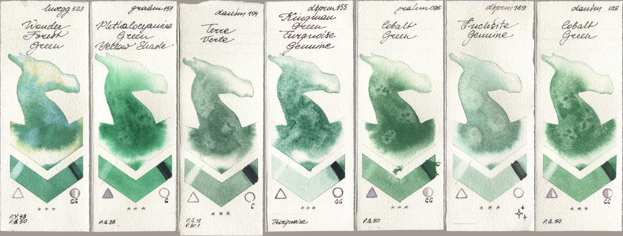 Holbein Artists Watercolor 523 Wonder Forest Green, M. Graham & Co. Artists 151 Phthalocyanine Green Yellow Shade, Daniel Smith 104 Terre Verte, 155 Kingman Green Turquoise Genuine, 095 Cobalt Green, 169 Fuchsite Genuine, 026 Cobalt Gre watercolor swatch