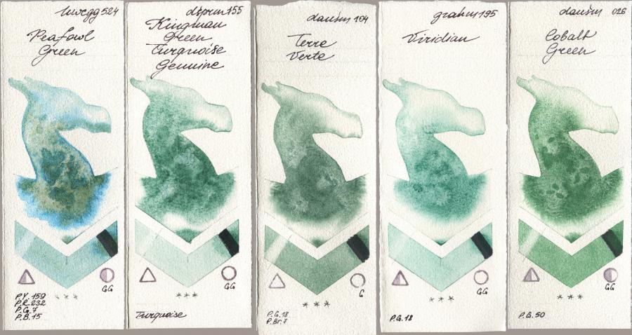 Holbein Artists Watercolor 524 Peafowl Green, Daniel Smith 155 Kingman Green Turquoise Genuine, 104 Terre Verte, M. Graham & Co. Artists 195 Viridian, 026 Cobalt Gre watercolor swatch