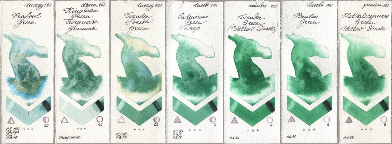 Holbein Artists Watercolor 524 Peafowl Green, Daniel Smith 155 Kingman Green Turquoise Genuine, 523 Wonder Forest Green, 070 Cadmium Green Deep, Winsor & Newton Professional 721 Winsor Green (Yellow shade), 078 Bamboo Green, M. Graham & Co. Artists 151 Phthalocyanine Green Yellow Sha watercolor swatch