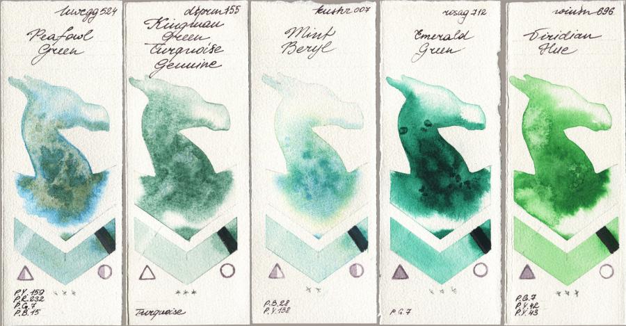 Holbein Artists Watercolor 524 Peafowl Green vs Daniel Smith 155 Kingman Green Turquoise Genuine vs Kusakabe 007 Mint Beryl vs Rosa Gallery 712 Emerald Green vs Winsor & Newton Professional 696 Viridian Hue watercolor swatch