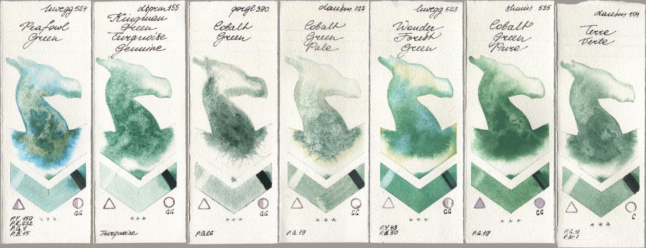 Holbein Artists Watercolor 524 Peafowl Green, Daniel Smith 155 Kingman Green Turquoise Genuine, Golden QOR 390 Cobalt Green, 027 Cobalt Green Pale, 523 Wonder Forest Green, Shminke Horadam Aquarell 535 Cobalt Green Pure, 104 Terre Ver watercolor swatch