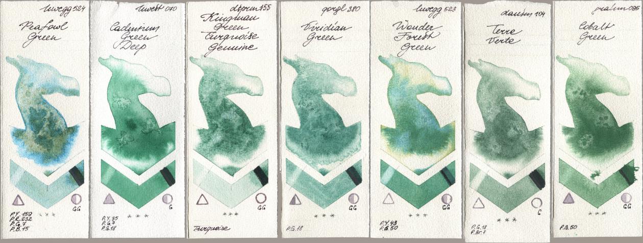 Holbein Artists Watercolor 524 Peafowl Green, 070 Cadmium Green Deep, Daniel Smith 155 Kingman Green Turquoise Genuine, Golden QOR 380 Viridian Green, 523 Wonder Forest Green, 104 Terre Verte, M. Graham & Co. Artists 095 Cobalt Gre watercolor swatch