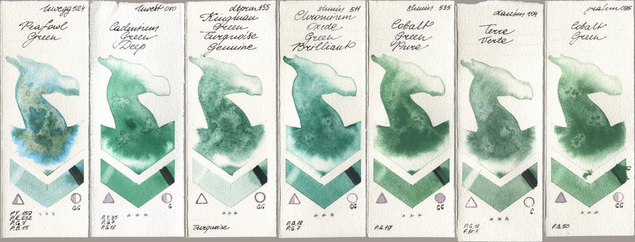 Holbein Artists Watercolor 524 Peafowl Green, 070 Cadmium Green Deep, Daniel Smith 155 Kingman Green Turquoise Genuine, Shminke Horadam Aquarell 511 Chromium Oxide Green Brilliant, 535 Cobalt Green Pure, 104 Terre Verte, M. Graham & Co. Artists 095 Cobalt Gre watercolor swatch