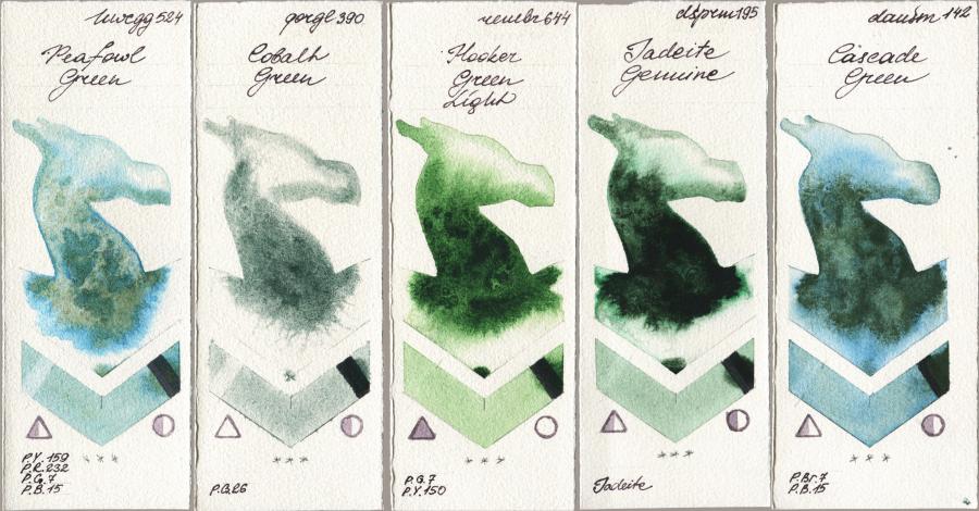 Holbein Artists Watercolor 524 Peafowl Green vs Golden QOR 390 Cobalt Green vs Royal Talens Rembrandt Watercolour 644 Hooker Green Light vs Daniel Smith 195 Jadeite Genuine vs 142 Cascade Green watercolor swatch