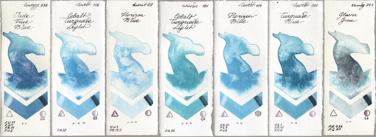 Holbein Artists Watercolor 532 Jade Vine Blue, 106 Cobalt Turquoise Light, Kuretake Gansai Tambi 069 Horizon Blue, Winsor & Newton Professional 191 Cobalt Turquoise Light, 104 Horizon Blue, 099 Turquoise Blue, Shminke Horadam Aquarell 963 Glacier Gre watercolor swatch