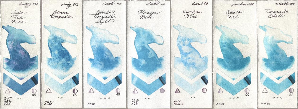 Holbein Artists Watercolor 532 Jade Vine Blue, Shminke Horadam Aquarell 962 Glacier Turquoise, 106 Cobalt Turquoise Light, 104 Horizon Blue, Kuretake Gansai Tambi 069 Horizon Blue, M. Graham & Co. Artists 097 Cobalt Teal, Maimeri Blu 412 Turquoise Coba watercolor swatch