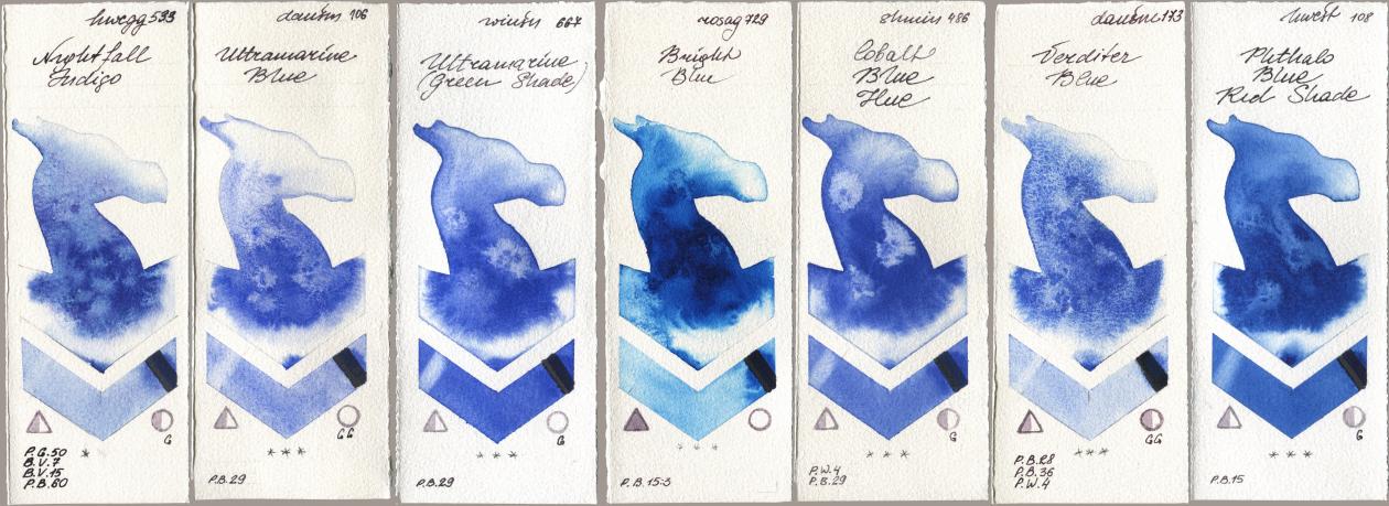 Holbein Artists Watercolor 533 Nightfall Indigo, Daniel Smith 106 Ultramarine Blue, Winsor & Newton Professional 667 Ultramarine (Green Shade), Rosa Gallery 729 Bright Blue, Shminke Horadam Aquarell 486 Cobalt Blue Hue, 173 Verditer Blue, 108 Phthalo Blue Red Sha watercolor swatch