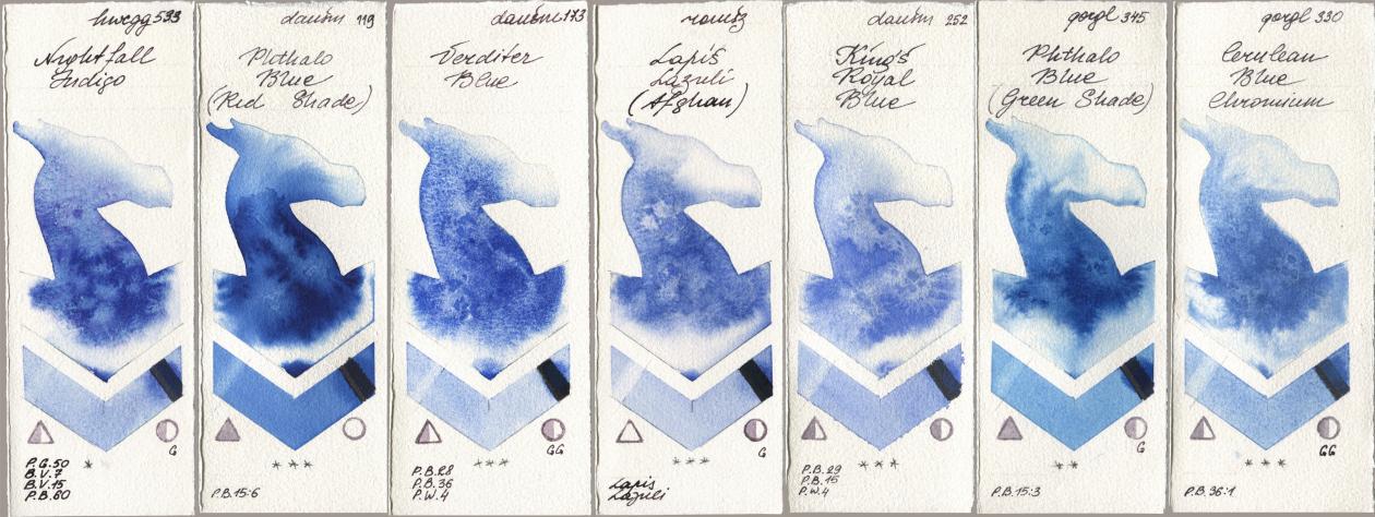 Holbein Artists Watercolor 533 Nightfall Indigo, Daniel Smith 119 Phthalo Blue (Red Shade), 173 Verditer Blue, Roman Szmal Aquarius 999 Lapis Lazuli Afghan, 252 King’s Royal Blue, Golden QOR 345 Phthalo Blue (Green Shade), 330 Cerulean Blue, Chromi watercolor swatch
