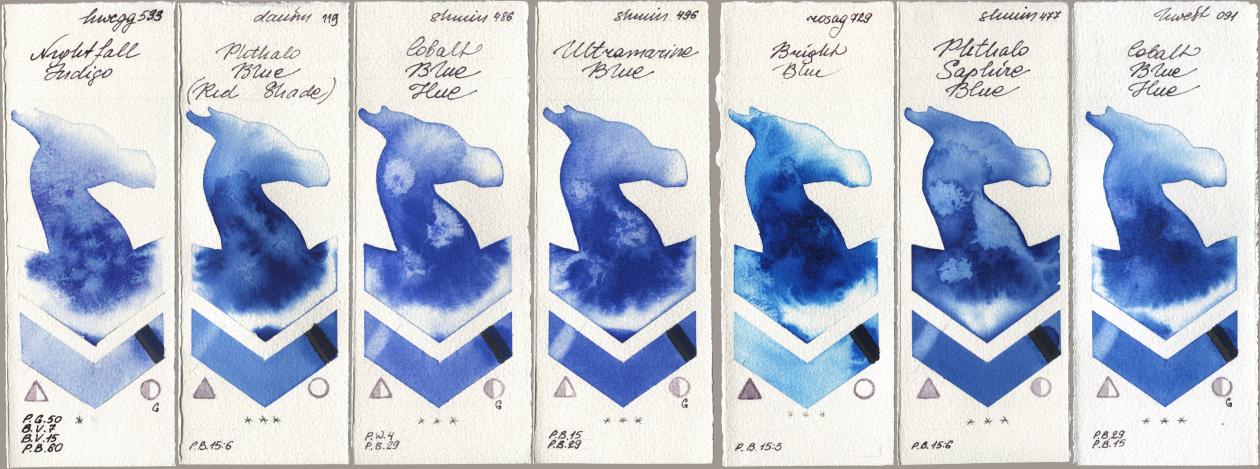 Holbein Artists Watercolor 533 Nightfall Indigo, Daniel Smith 119 Phthalo Blue (Red Shade), Shminke Horadam Aquarell 486 Cobalt Blue Hue, 496 Ultramarine Blue, Rosa Gallery 729 Bright Blue, 477 Phthalo Saphire Blue, 091 Cobalt Blue H watercolor swatch